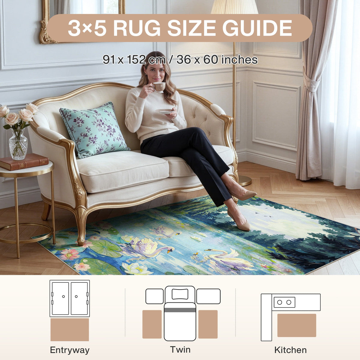 3x5 Swan Lake in oil painting style Area Rugs#Color_Green