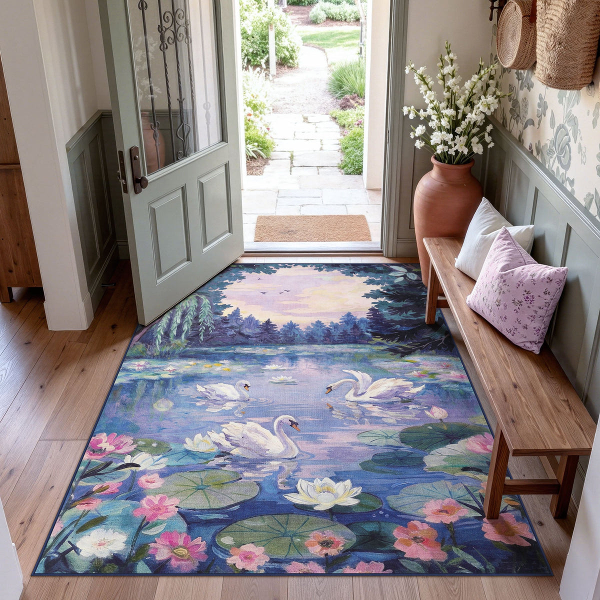 5x7 Swan Lake in oil painting style Area Rugs#Color_Purple
