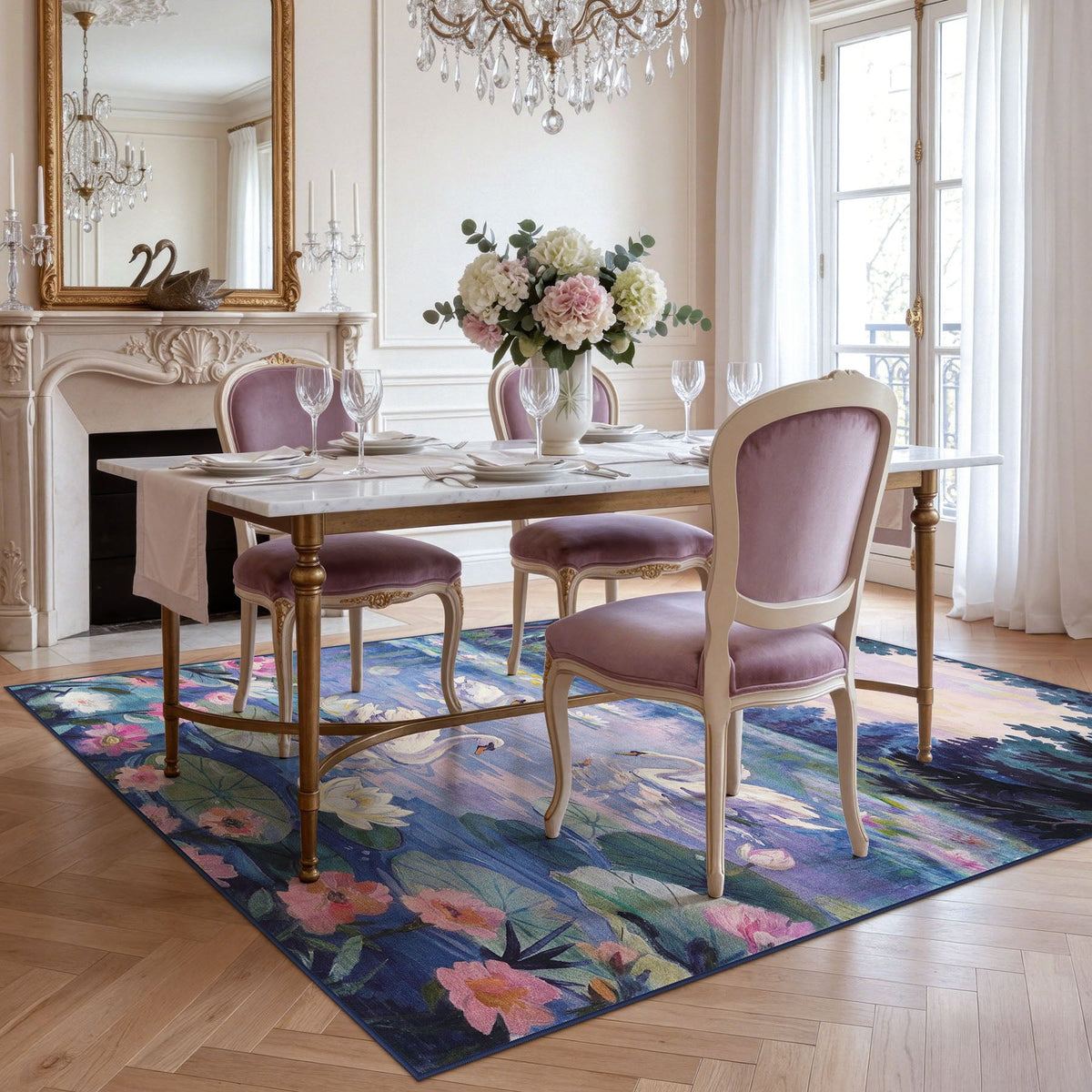5x7 Swan Lake in oil painting style Area Rugs#Color_Purple