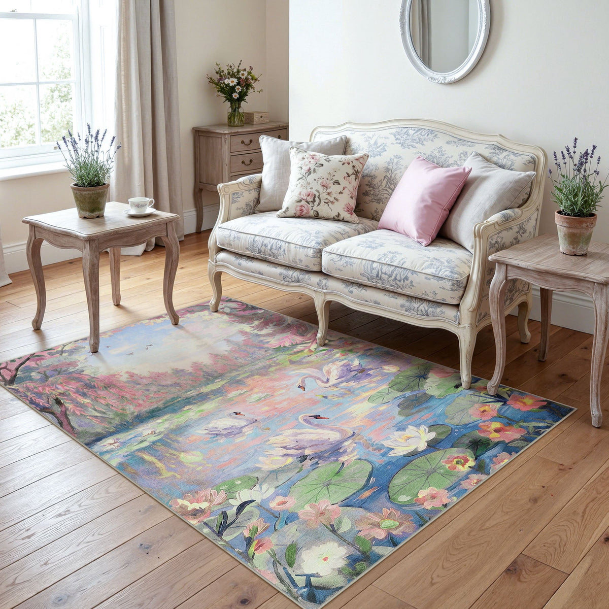 3x5 Swan Lake in oil painting style Area Rugs#Color_Pink