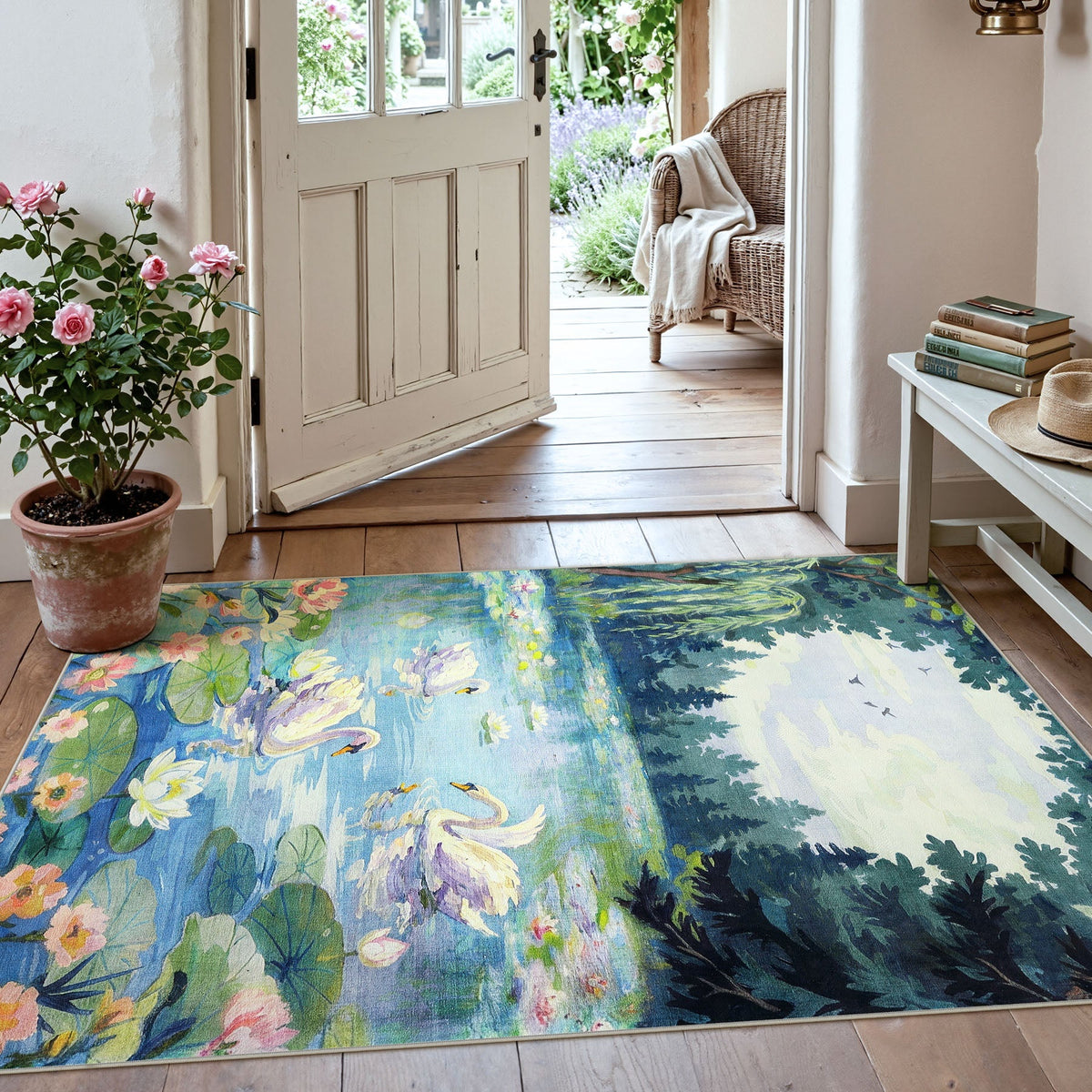 3x5 Swan Lake in oil painting style Area Rugs#Color_Green