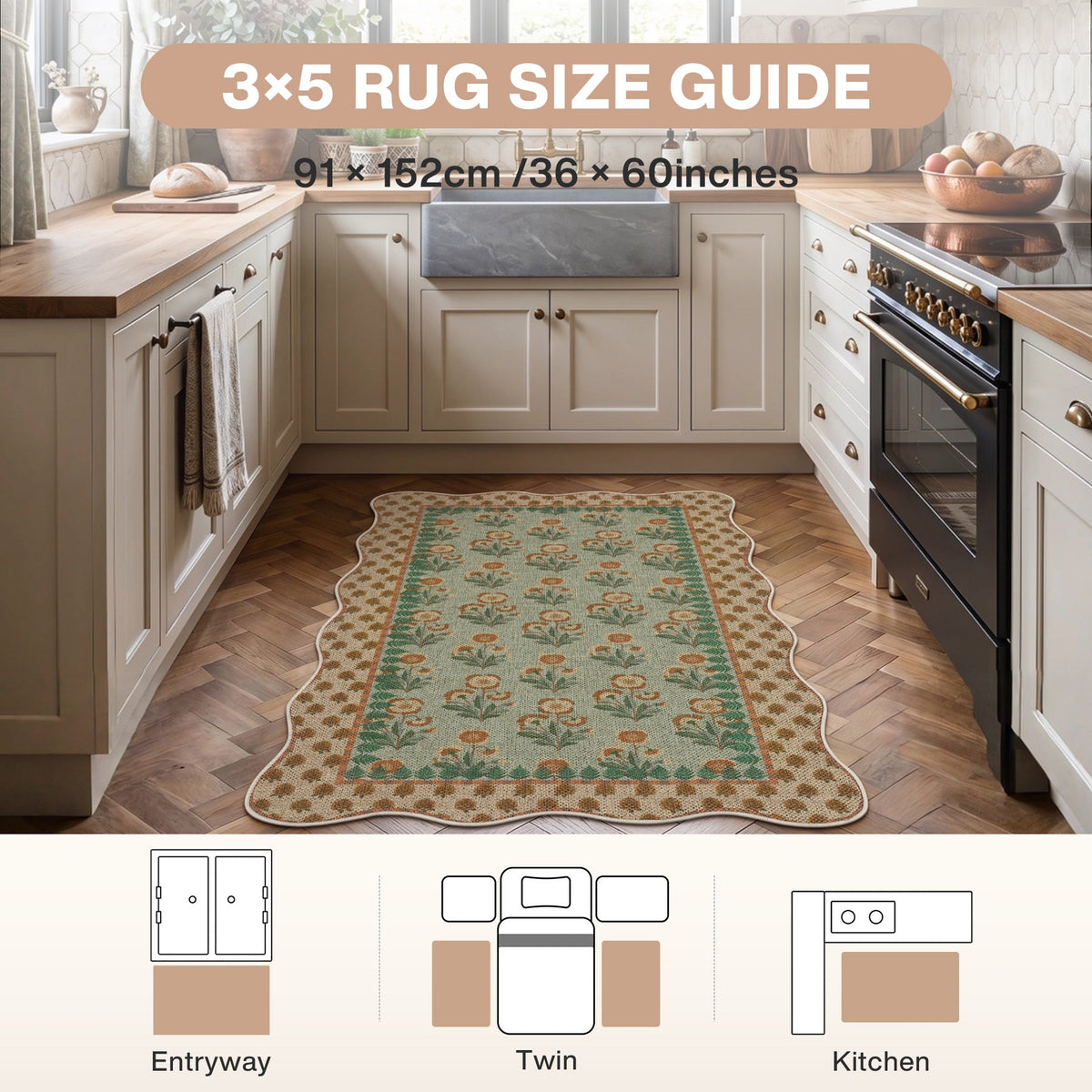 2x6/3x5 Scalloped Floral Easy Jute Washable Area Rug, Farmhouse Soft Low Pile Carpet for Hallway & Entryway, Oeko-Tex Certified