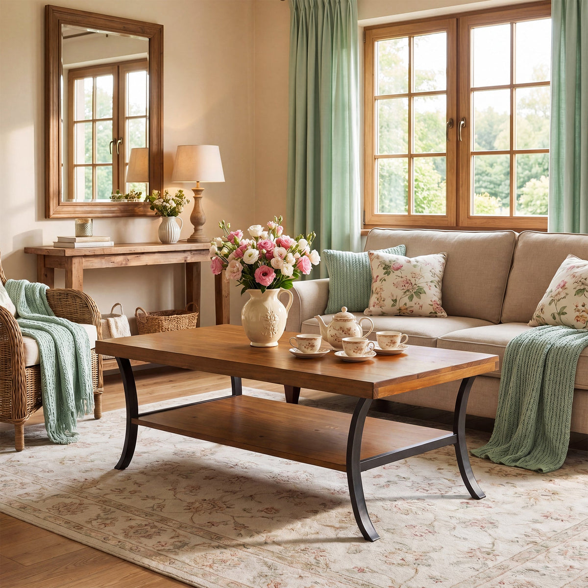 47.24" Solid Wood Coffee Table, 2-Tier Rectangular Center Table with Curved Metal Legs