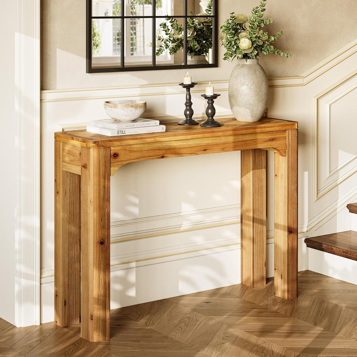 41.3" Wood Sofa Table, Farmhouse Entryway Console Table with Exquisite Parquet Top
