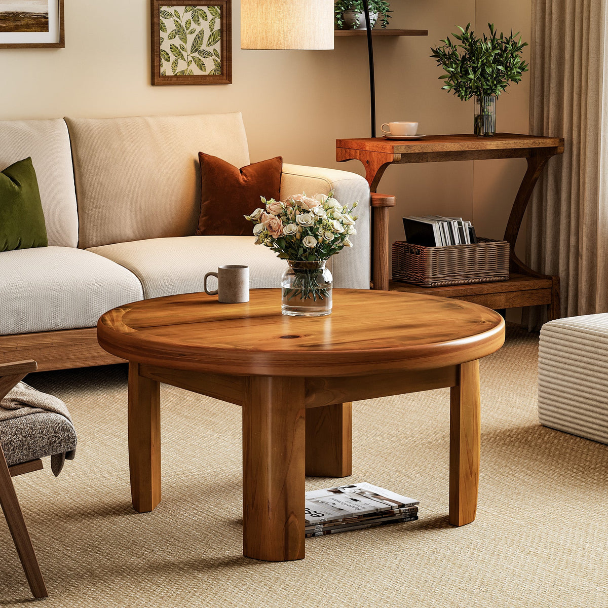 Solid Wood Round Coffee Table, 31.5" Mid Century Modern Center Tea Table