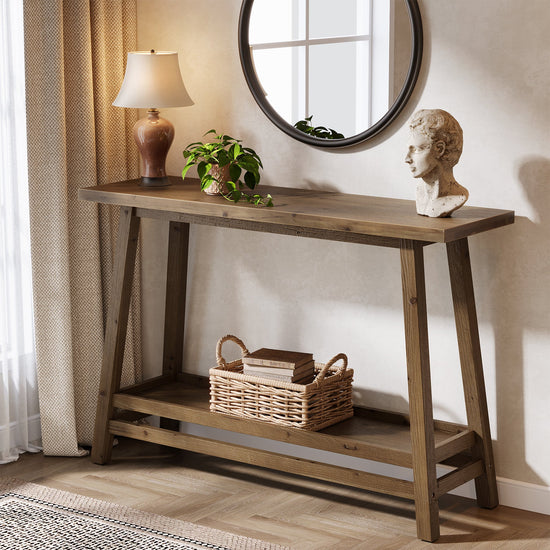 41" Solid Wood Console Table, 2 Tiers Farmhouse Entryway Table with Storage Shelf