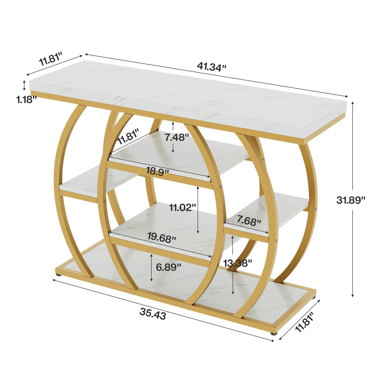 41" Gold Entryway Console Table with Faux Marble Top, Narrow Sofa Table with 5-Tier Storage Shelves