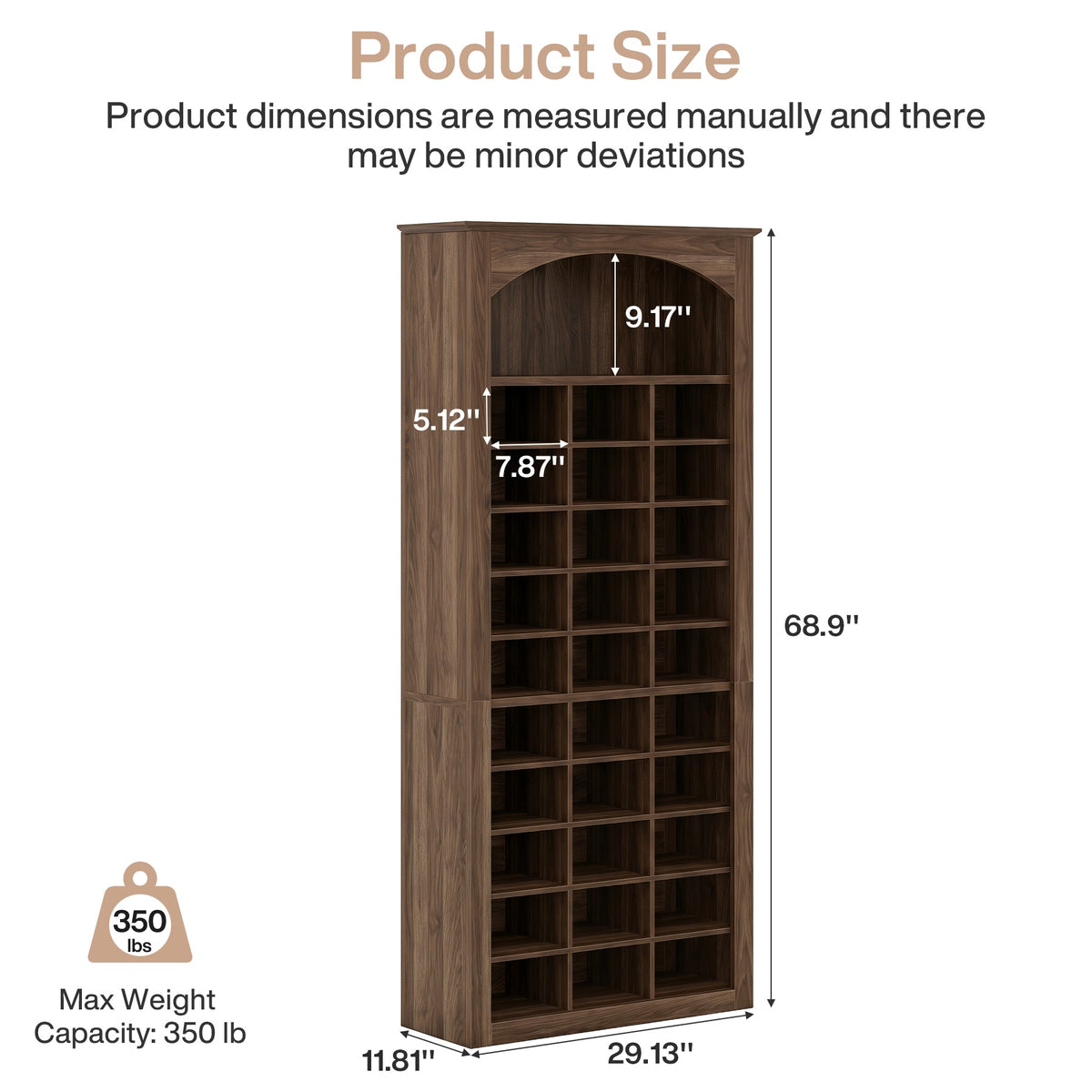 30-Cube Shoe Rack, 68.9" Shoe Cabinet with Arched Display Shelf for Entryway