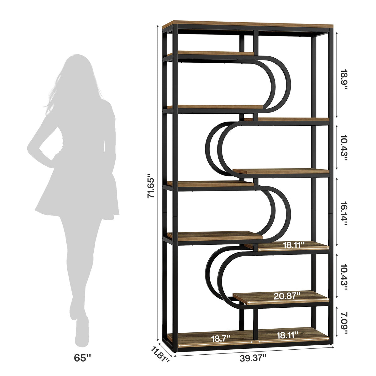 71" Bookshelf, Industrial Etagere Bookcase with Open Storage Shelves