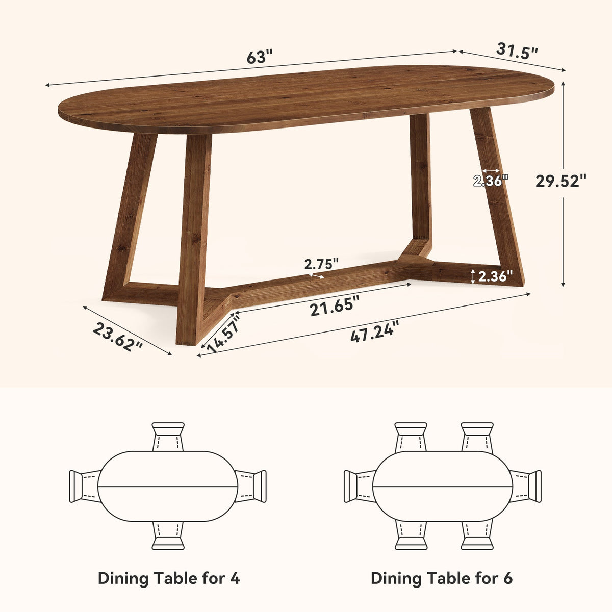 Solid Wood Oval Dining Table, 63" Kitchen Table with Sturdy Tapered Legs for 4-6