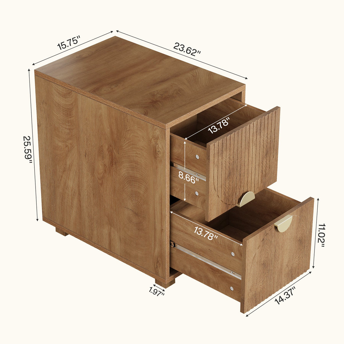 2-Drawer Nightstand, Narrow Bedside Table with Gold Metal Handle