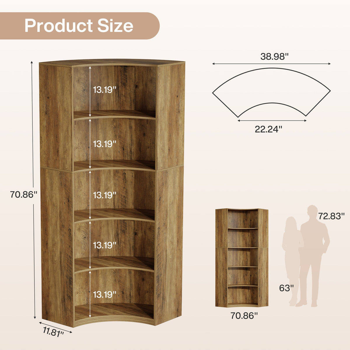 6-Tier Corner Bookshelf, 70.9" Tall Corner Bookcase with Curved Edges