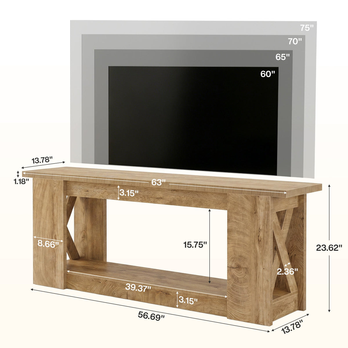 63-Inch Farmhouse TV Stand for TVs up to 70 Inches, Rustic Media Console with 2-Tier Open Storage