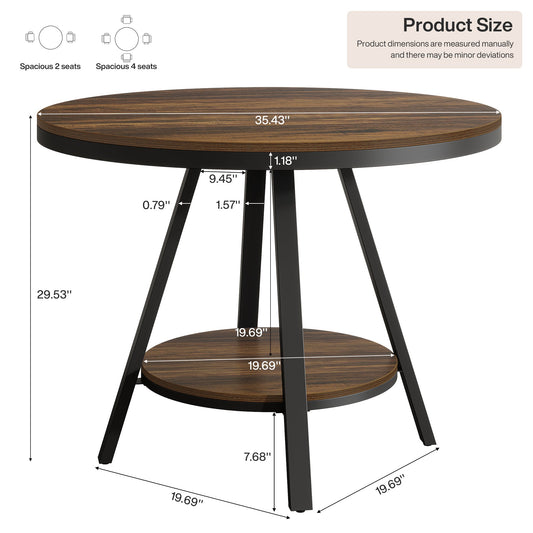 35" Round Dining Table for 2-4 People, 2-Tier Industrial Small Kitchen Dinner