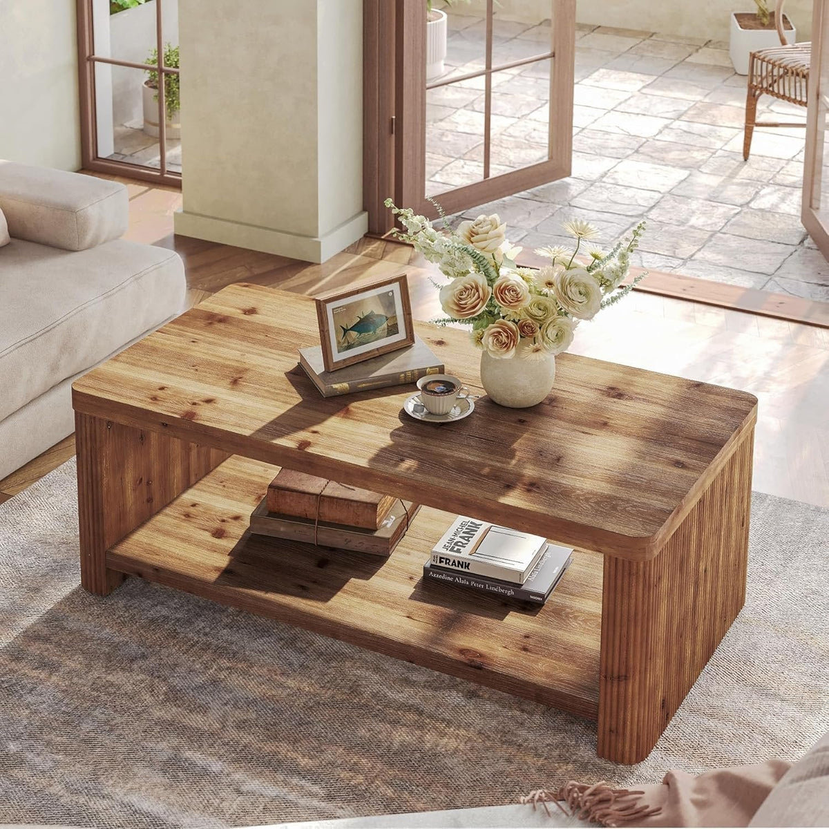 47.2" Coffee Table, 2-Tier Solid Wood Rectangle Accent Center Tea Table