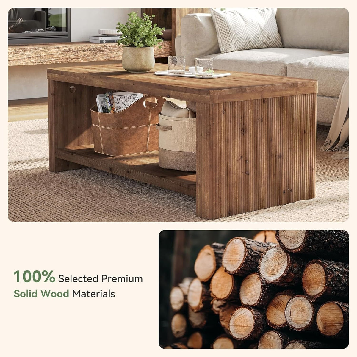 47.2" Coffee Table, 2-Tier Solid Wood Rectangle Accent Center Tea Table