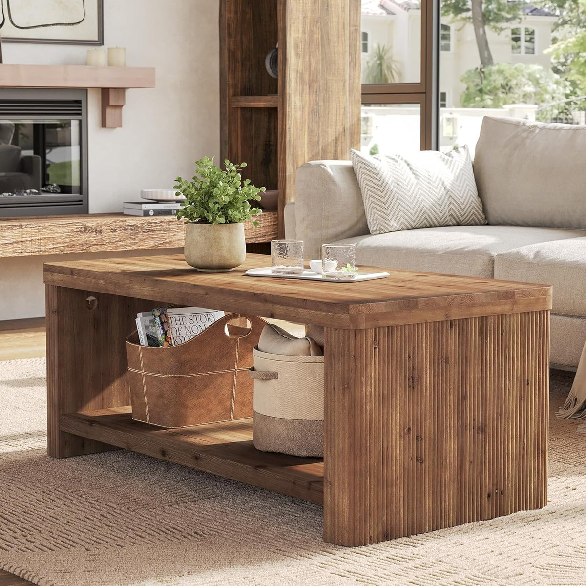 47.2" Coffee Table, 2-Tier Solid Wood Rectangle Accent Center Tea Table