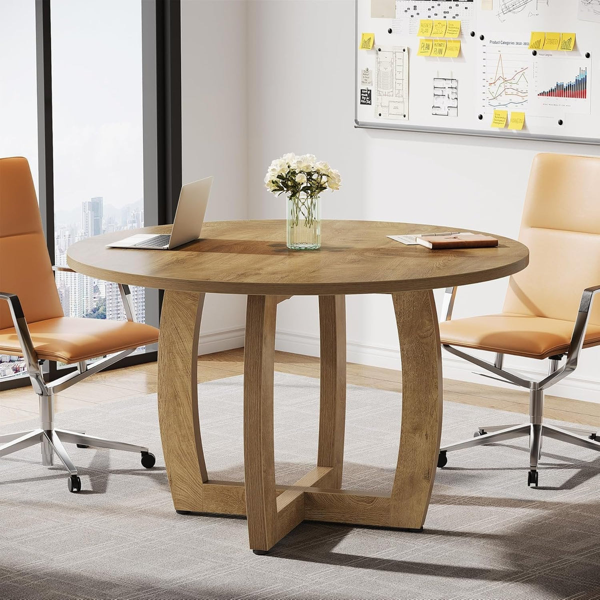 47.2" Conference Table, Round Business Meeting Table with Cross Base