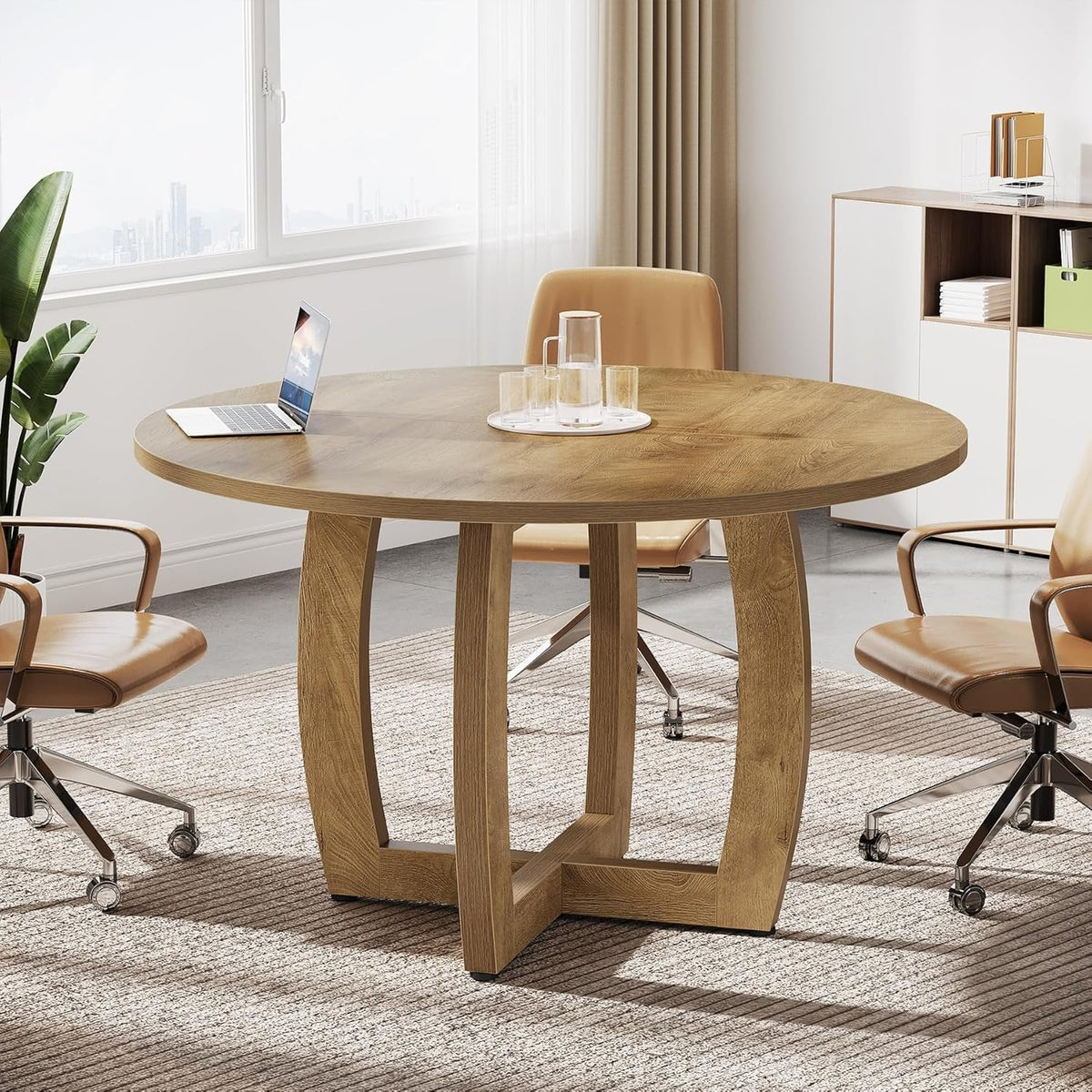 47.2" Conference Table, Round Business Meeting Table with Cross Base