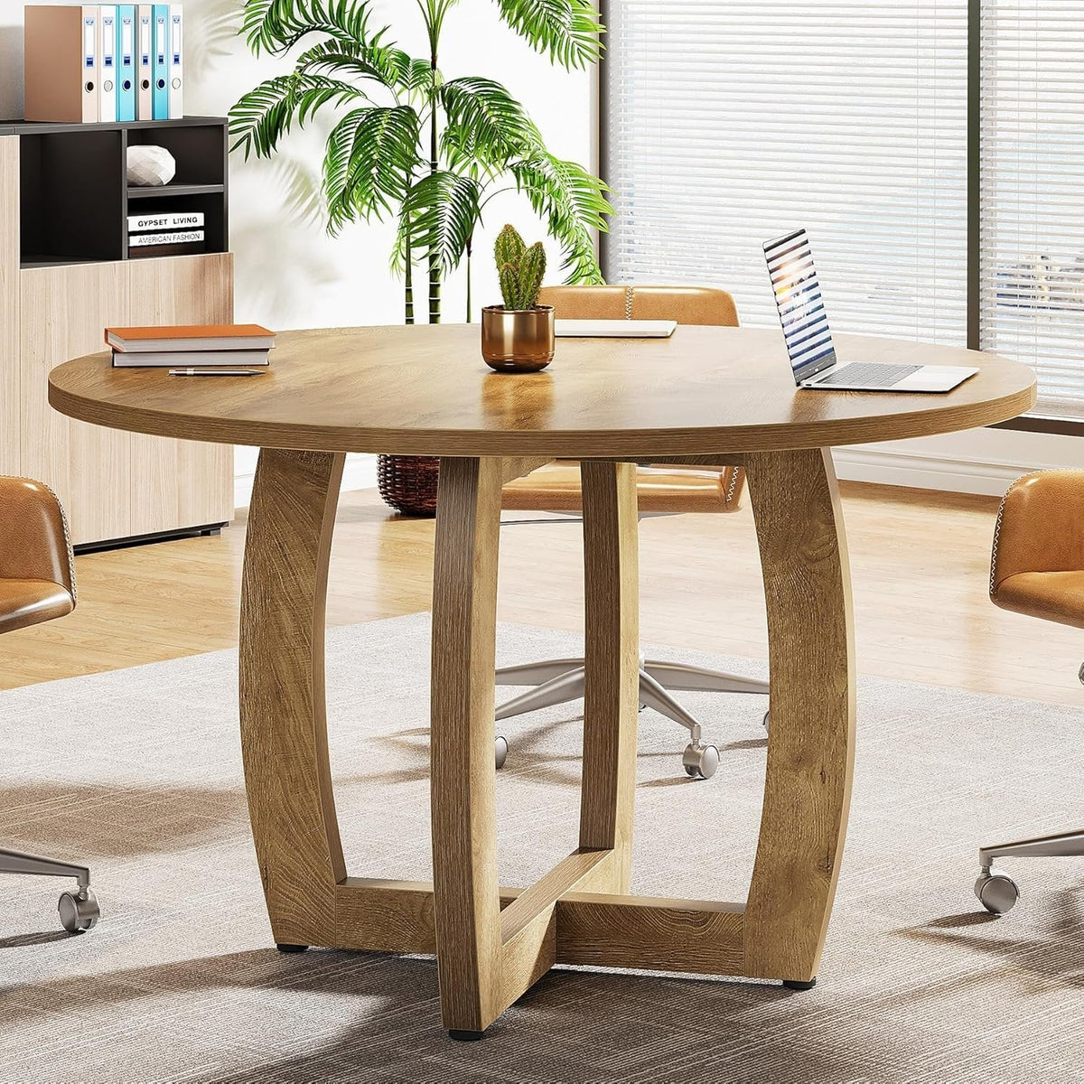 47.2" Conference Table, Round Business Meeting Table with Cross Base