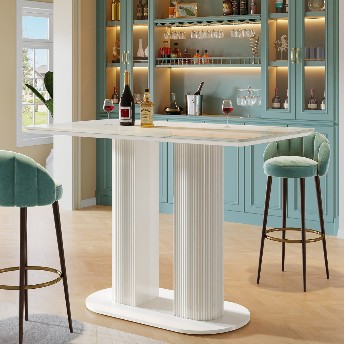 47" Bar Unit, Rectangular Bar Table Pub Table with Faux Marble Finished Tabletop