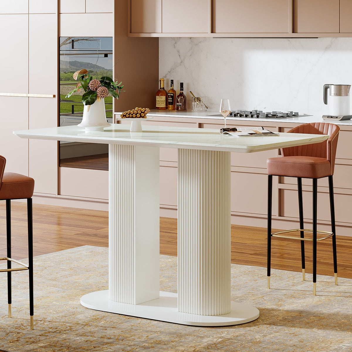 47" Bar Unit, Rectangular Bar Table Pub Table with Faux Marble Finished Tabletop