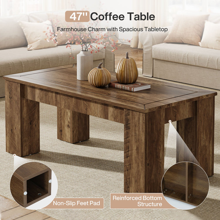 47" Coffee Table, Rectangle Center Cocktail Table with Sturdy Legs for Living Room