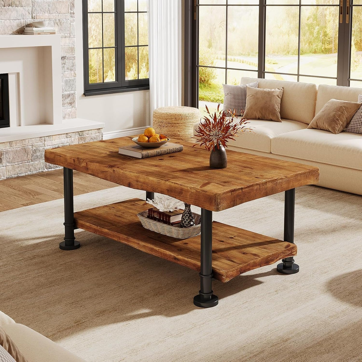47" Coffee Table, Rectangular Wood Accent Center Table with 2-Tier Shelf