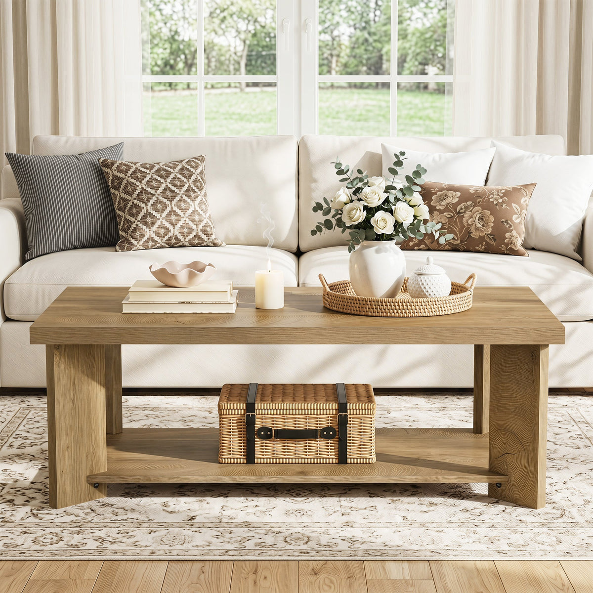 47" Coffee Tables, Farmhouse Rectangle Center Cocktail Table with Storage Shelves for Living Room