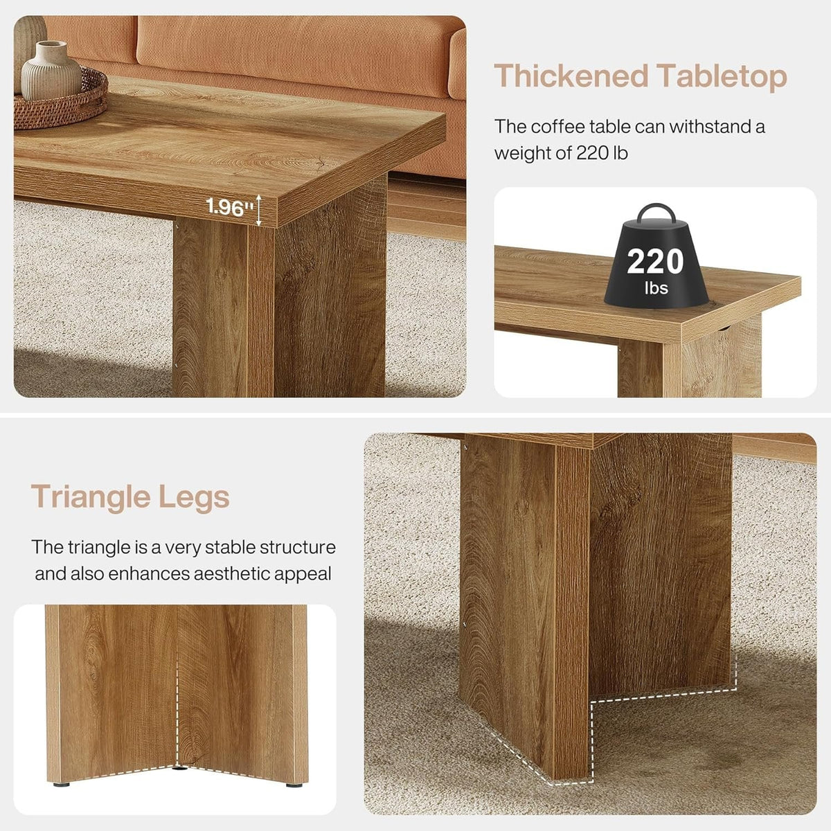 47" Coffee Tables, Rectangle Center Tea Coffee Table with Thicken Base