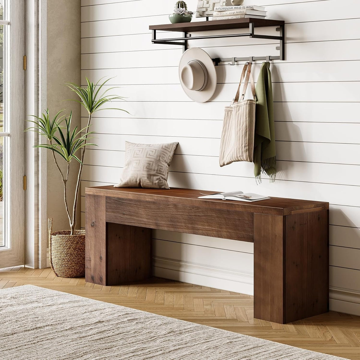 47" Entryway Bench, Solid Wood Farmhouse End of Bed Bench for Foyer