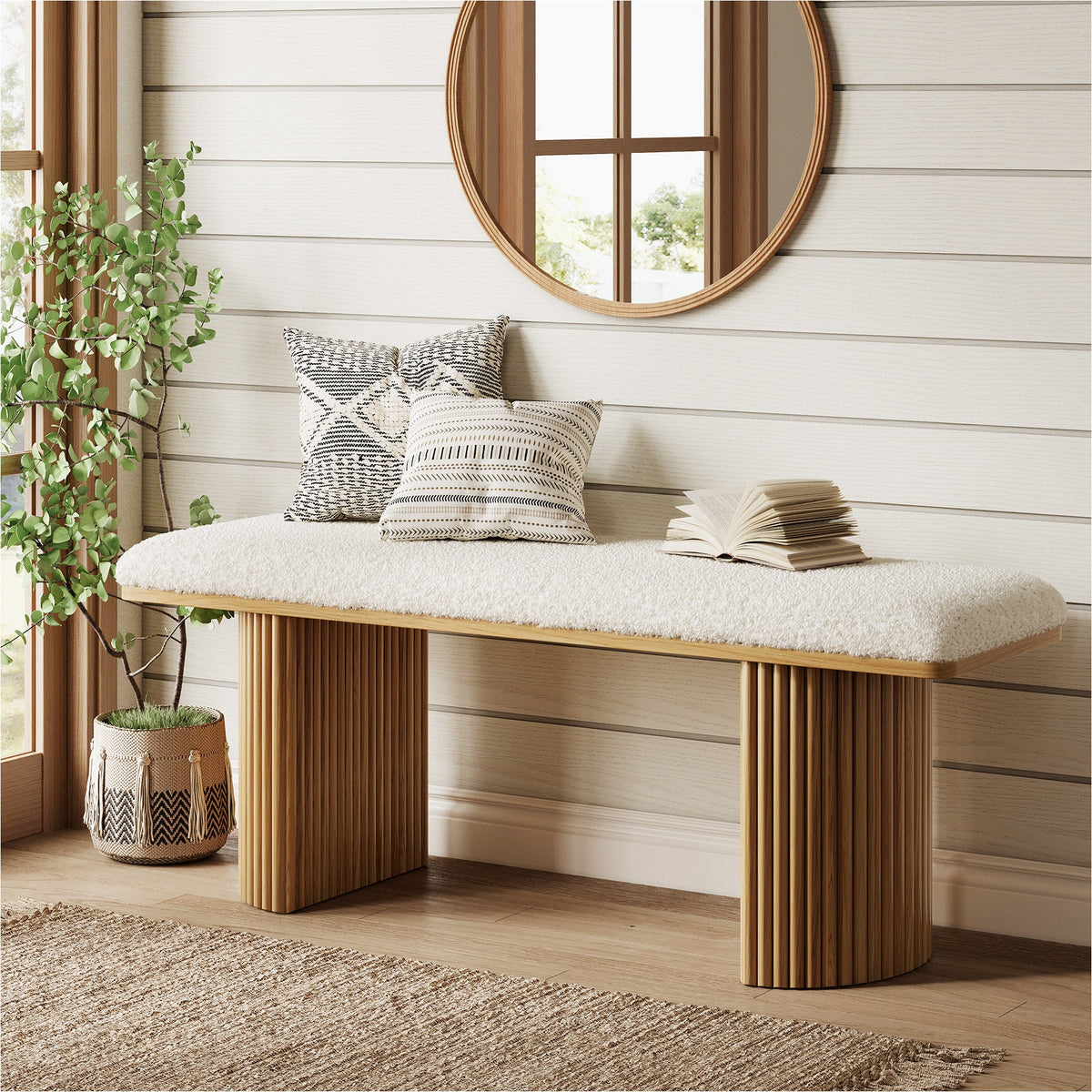 47" Entryway Bench, Wood Upholstered Shoe Bench End of Bed Bench