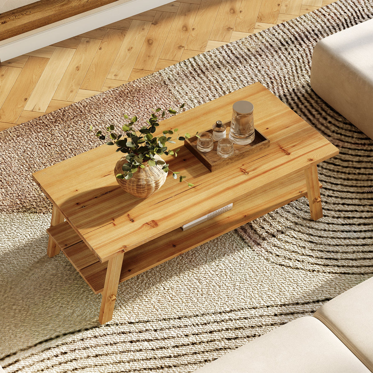 47" Farmhouse Coffee Table, 2-Tier Wood Center Table Tea Table for Living Room