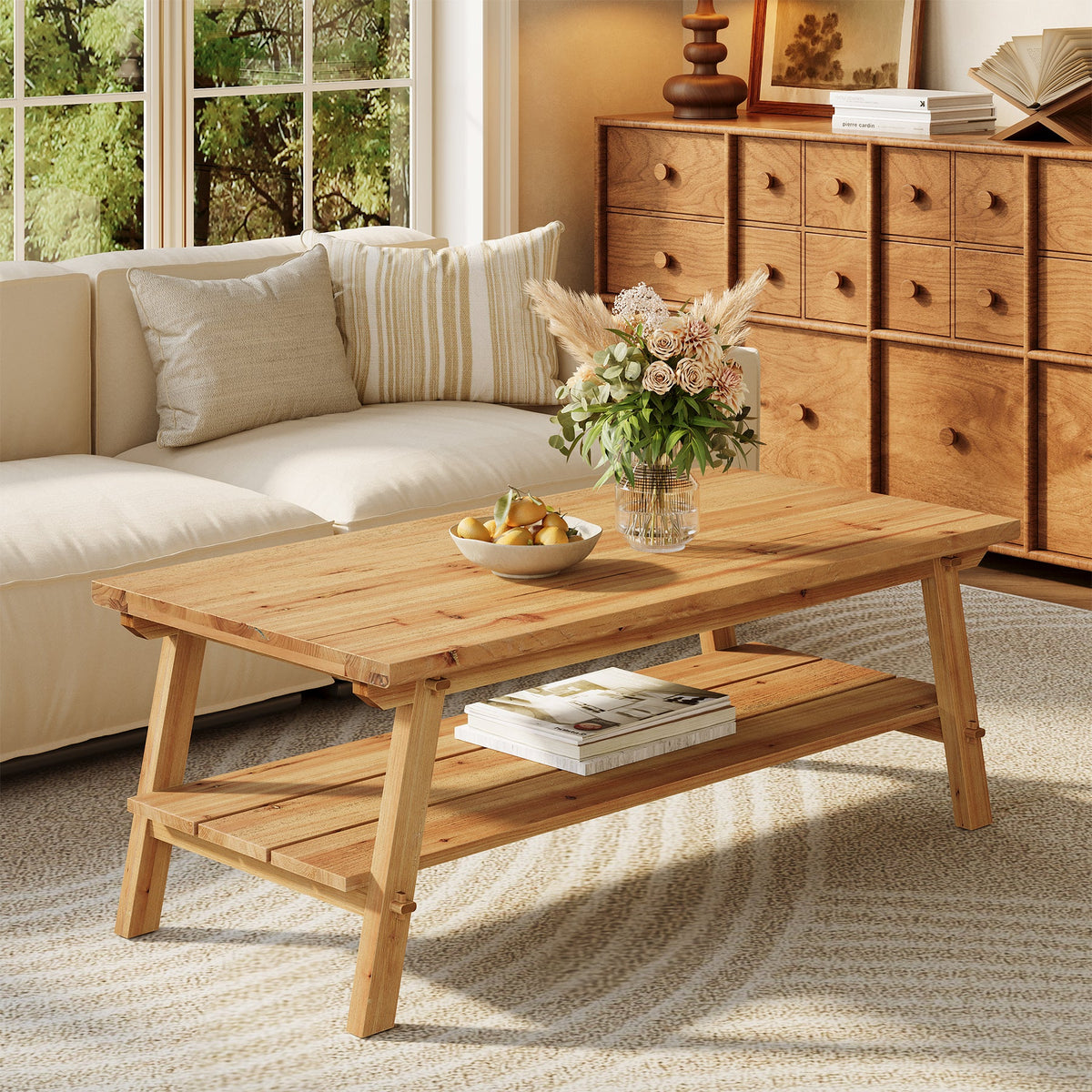 47" Farmhouse Coffee Table, 2-Tier Wood Center Table Tea Table for Living Room