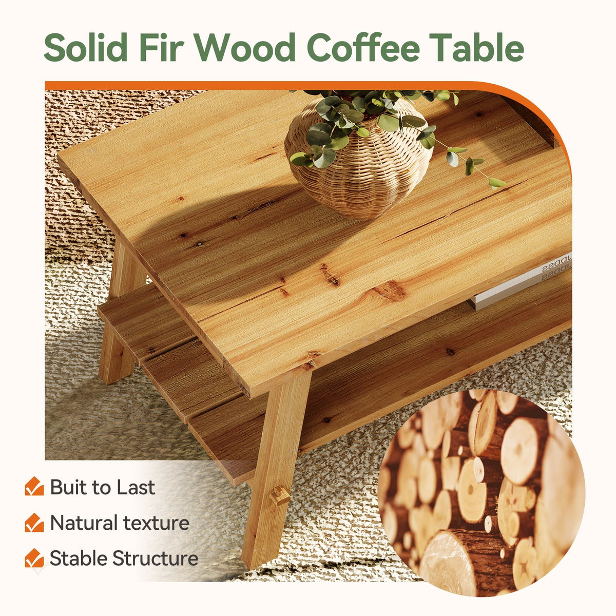 47" Farmhouse Coffee Table, 2-Tier Wood Center Table Tea Table for Living Room