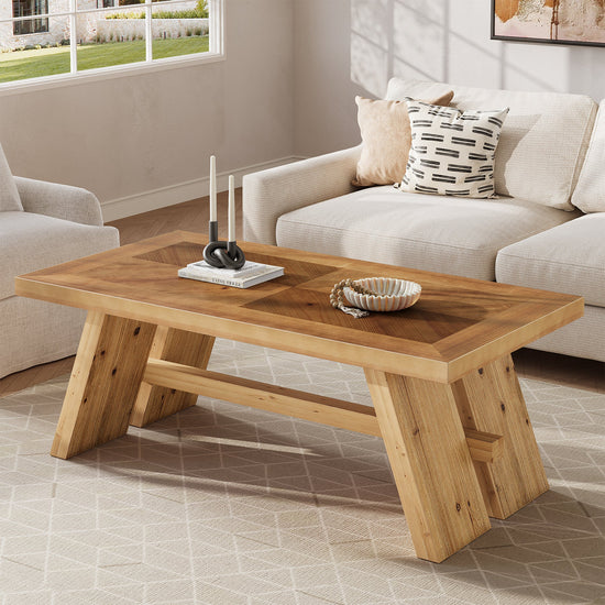 47" Farmhouse Coffee Table, Wood Rectangle Center Table with Geometric Grain Pattern
