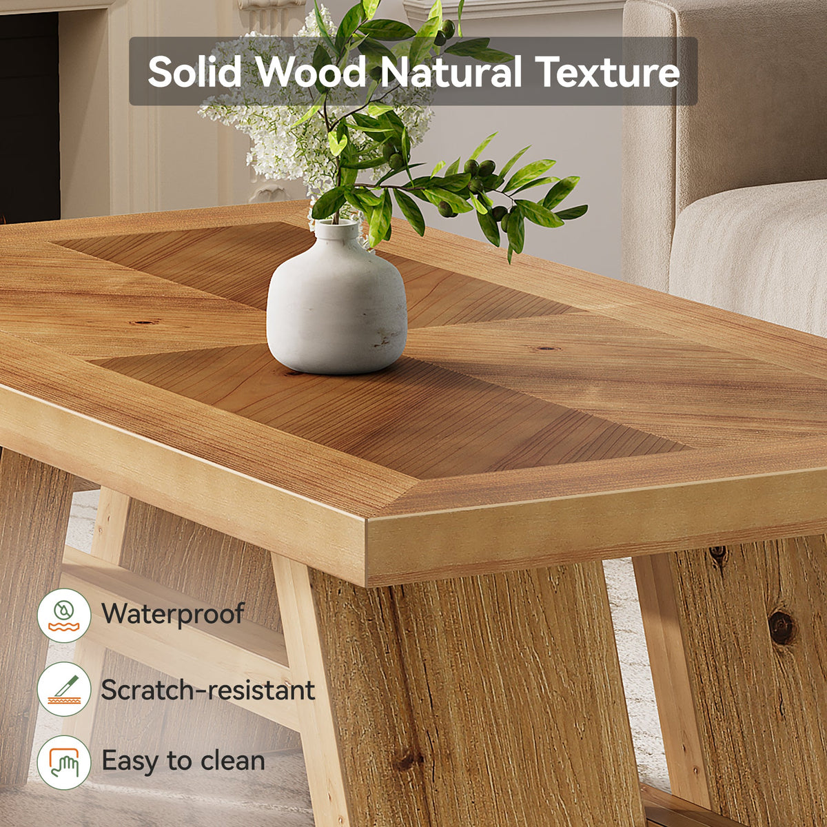 47" Farmhouse Coffee Table, Wood Rectangle Center Table with Geometric Grain Pattern