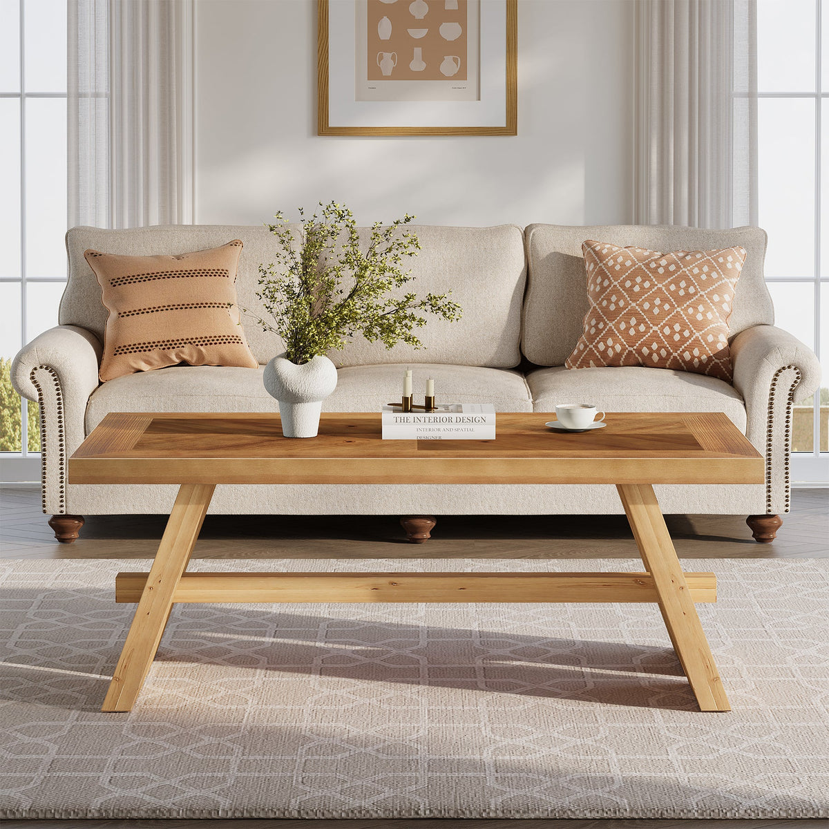 47" Farmhouse Coffee Table, Wood Rectangle Center Table with Geometric Grain Pattern