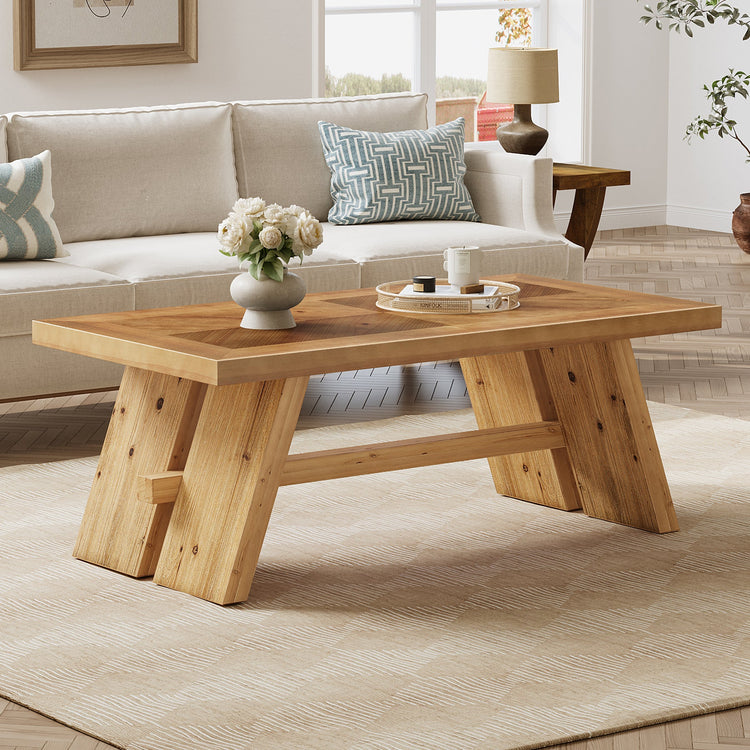 47" Farmhouse Coffee Table, Wood Rectangle Center Table with Geometric Grain Pattern