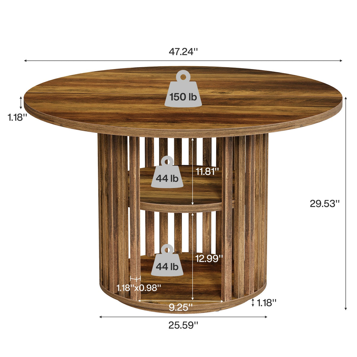 47" Farmhouse Dining Table, Round Kitchen Table with 2-Tier Storage Shelf