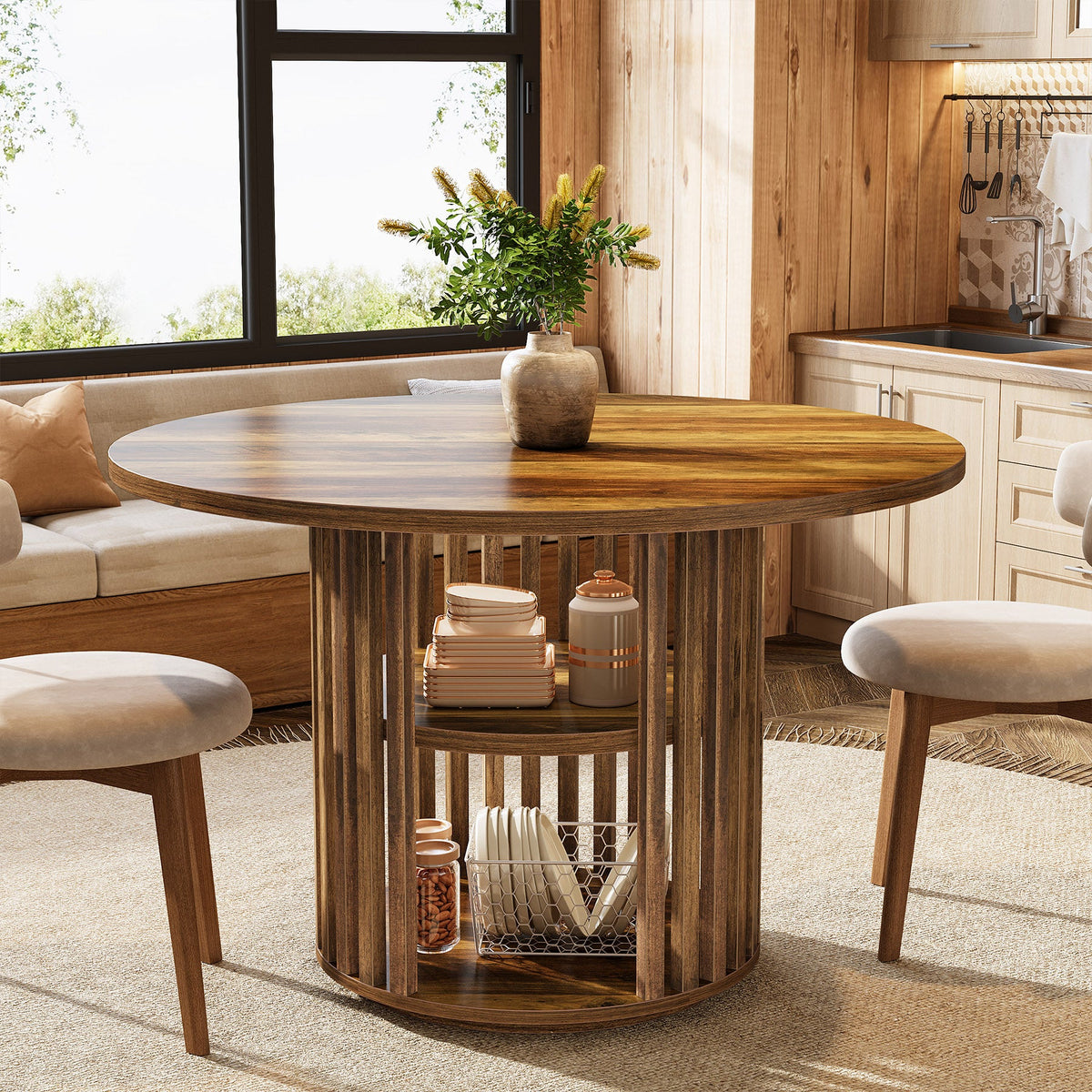 47" Farmhouse Dining Table, Round Kitchen Table with 2-Tier Storage Shelf