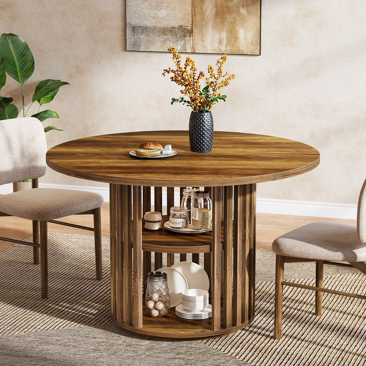 47" Farmhouse Dining Table, Round Kitchen Table with 2-Tier Storage Shelf