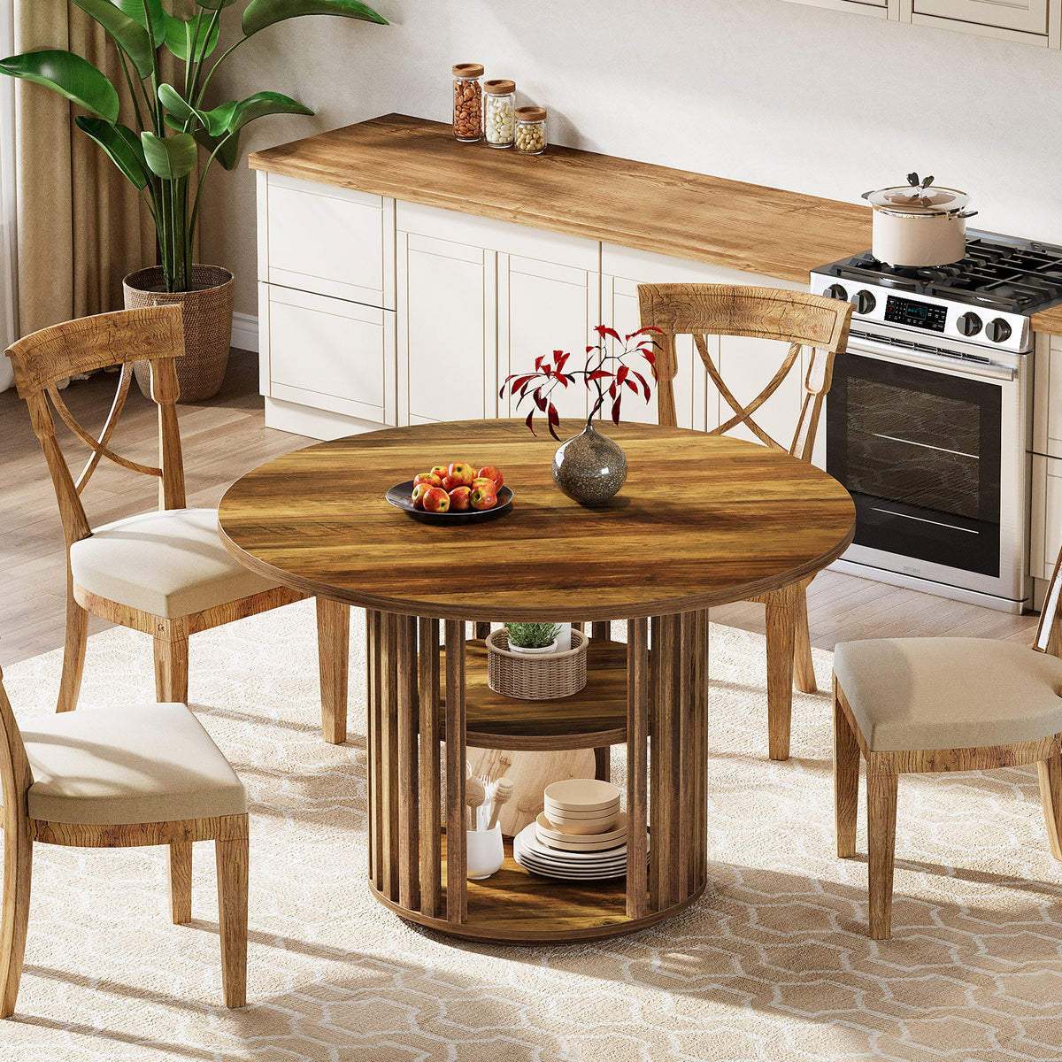 47" Farmhouse Dining Table, Round Kitchen Table with 2-Tier Storage Shelf