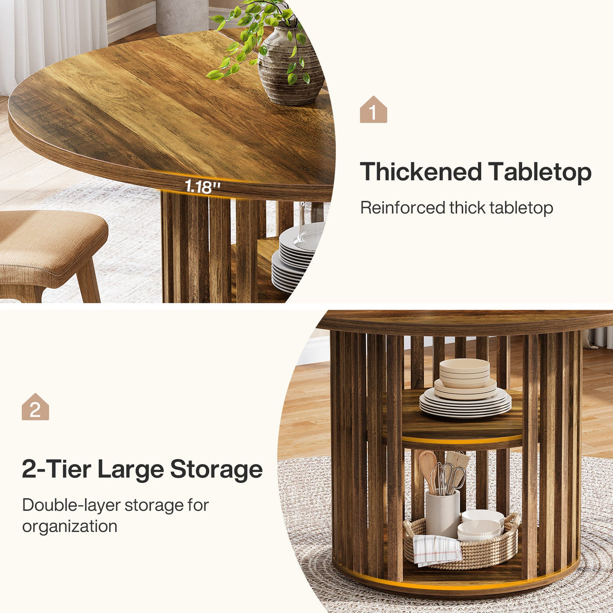 47" Farmhouse Dining Table, Round Kitchen Table with 2-Tier Storage Shelf