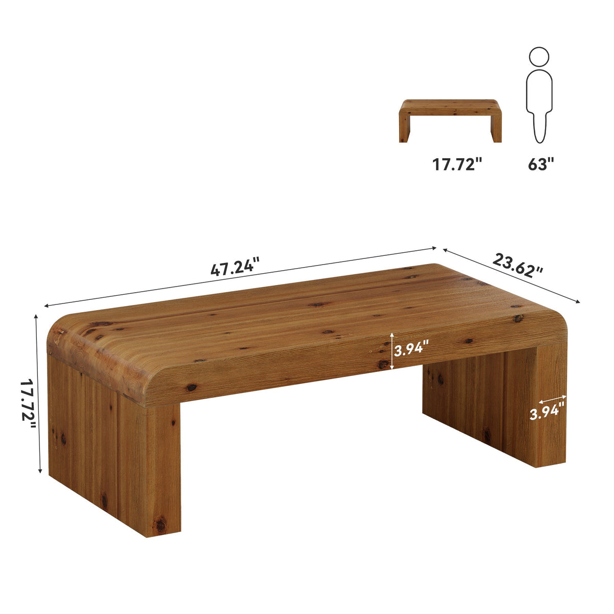 47" Rectangle Coffee Table, Solid Wood Center Table with Heavy-Duty Structure