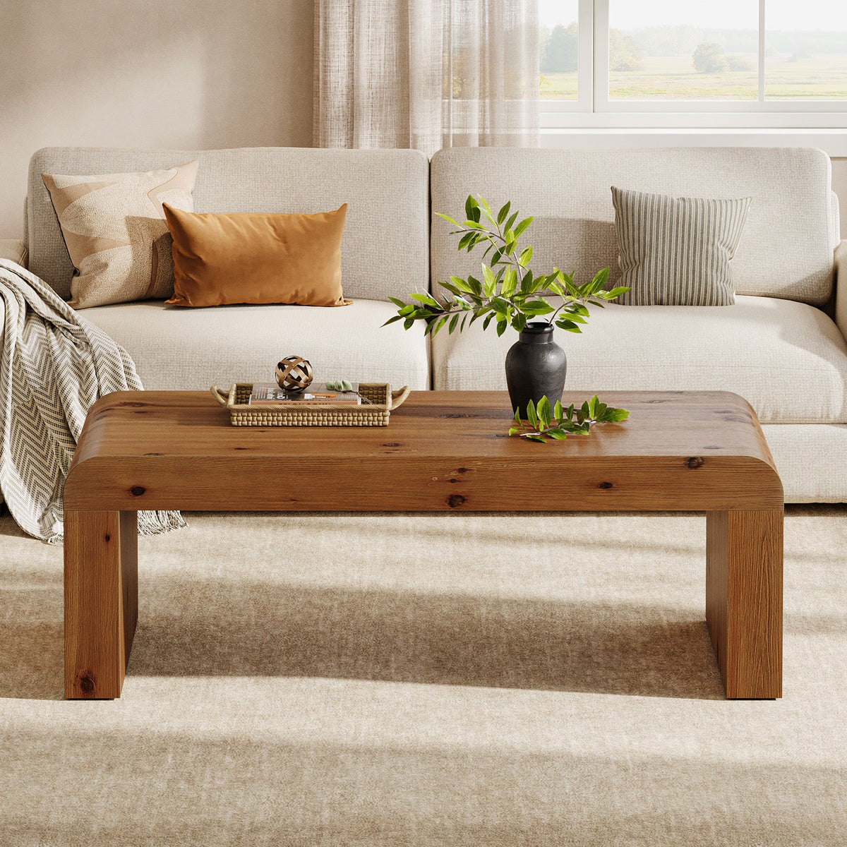 47" Rectangle Coffee Table, Solid Wood Center Table with Heavy-Duty Structure