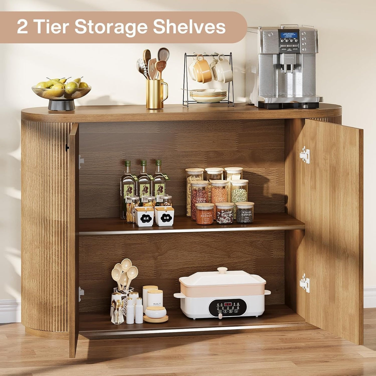 47" Sideboard Buffet, Farmhouse Fluted Cabinet Coffee Bar with 2 Shelves