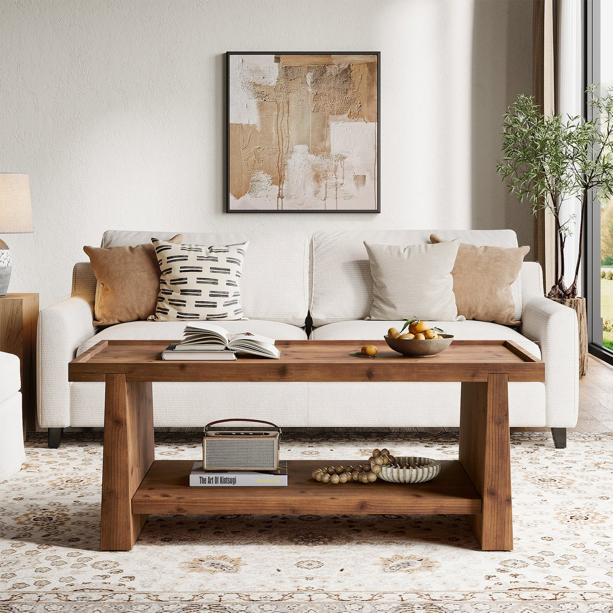 47" Wood Coffee Table, Farmhouse Center Table with 2-Tier Open Storage