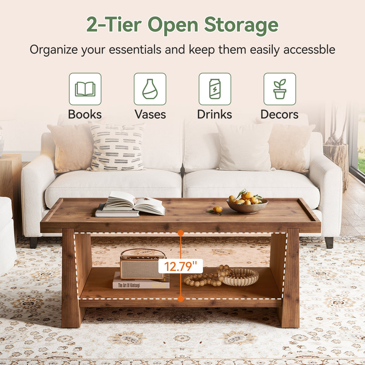 47" Wood Coffee Table, Farmhouse Center Table with 2-Tier Open Storage