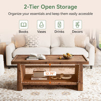 47" Wood Coffee Table, Farmhouse Center Table with 2-Tier Open Storage